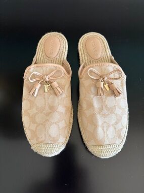 Coach Tan Signature Canvas Tassel Espadrille Mules